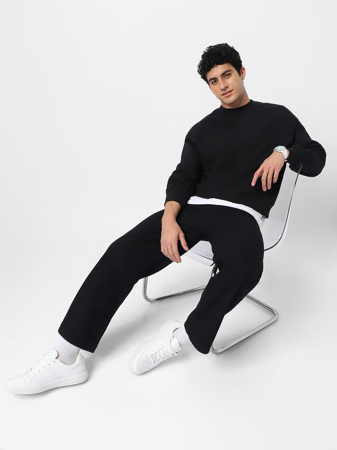 Men's Black Loose Fit Washed Jeans Non-Stretchable