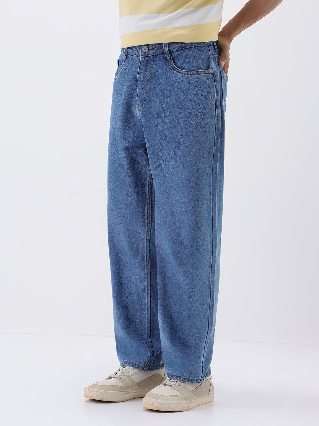 Men's Light Blue Loose Fit Washed Jeans Non-Stretchable