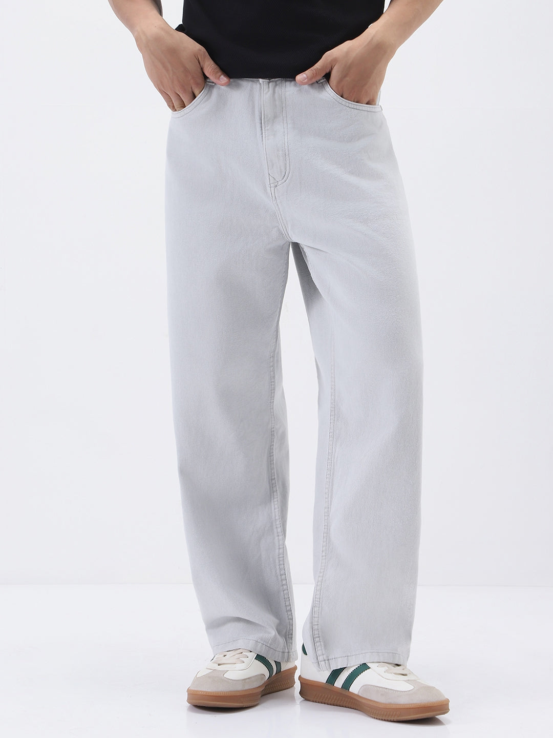 Men's Light Grey Loose Fit Washed Jeans Non-Stretchable