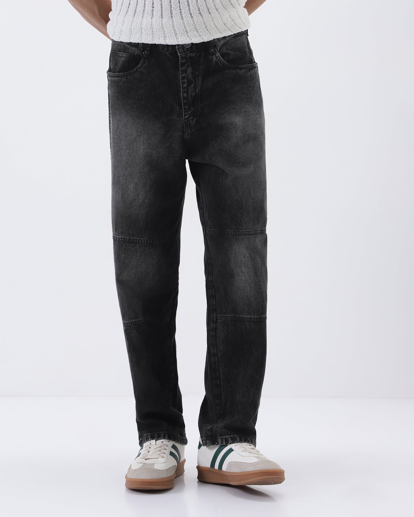 Men's Black Loose Baggy Fit Cut and Sew Panelled Jeans Non-Stretchable