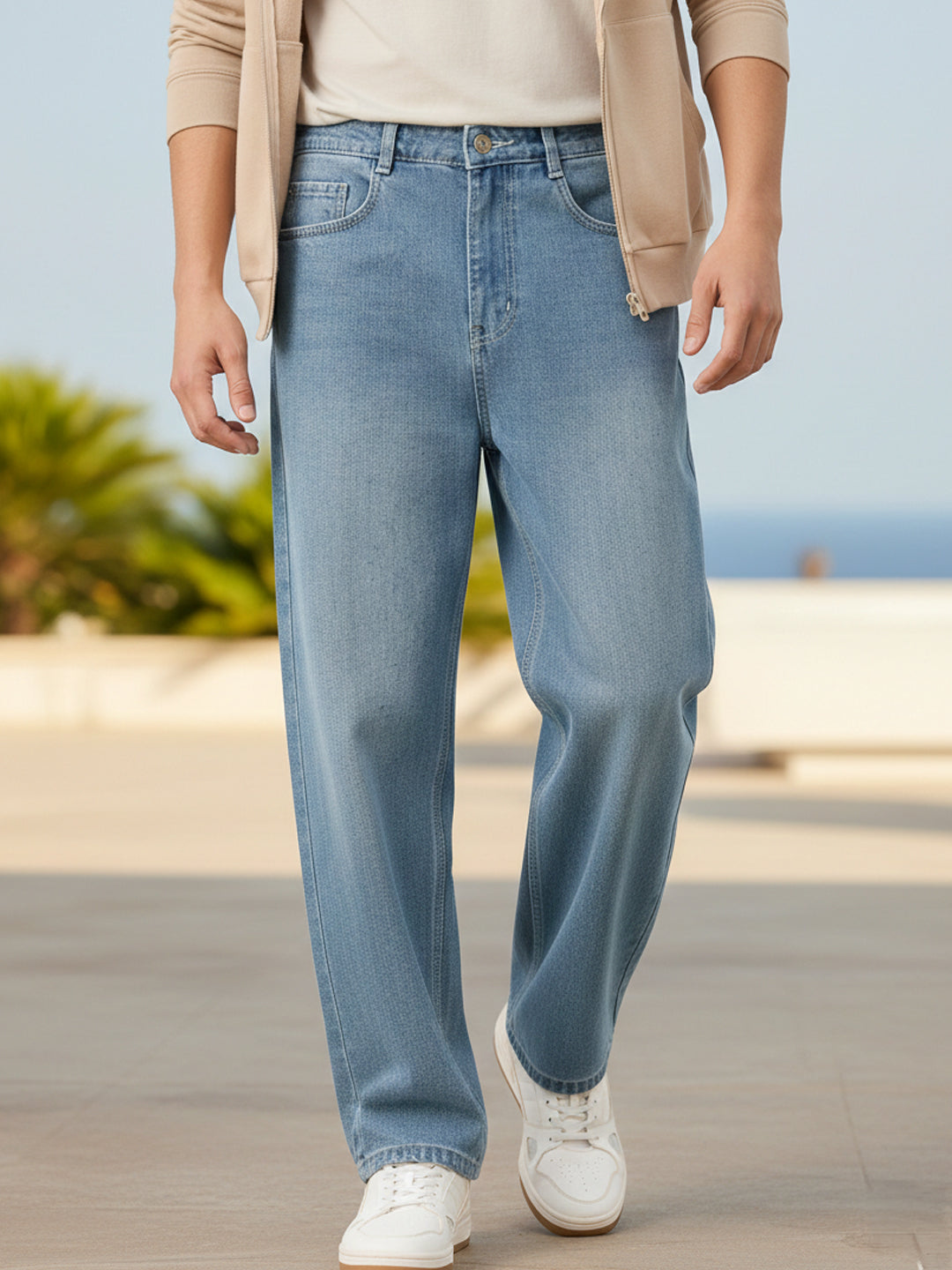 Men's Light Blue Loose Baggy Fit Washed Jeans Non-Stretchable
