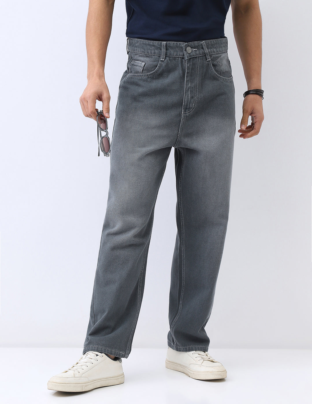 Men's Grey Loose Baggy Fit Washed Jeans Non-Stretchable